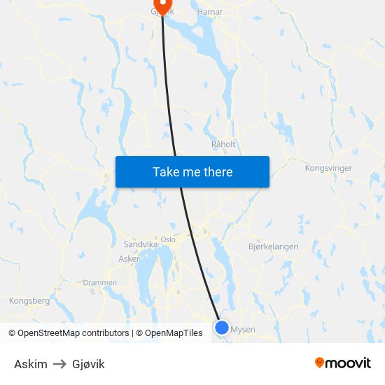 Askim to Gjøvik map