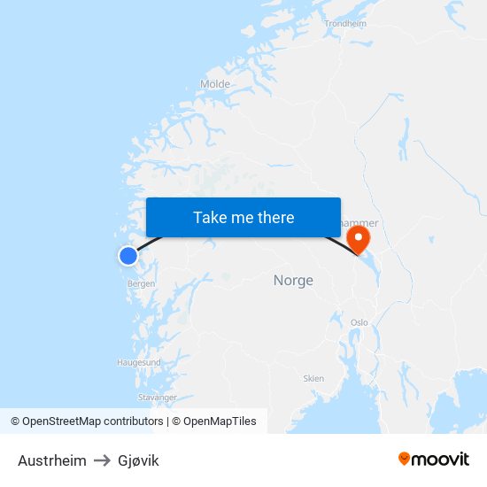 Austrheim to Gjøvik map