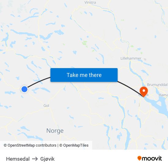 Hemsedal to Gjøvik map