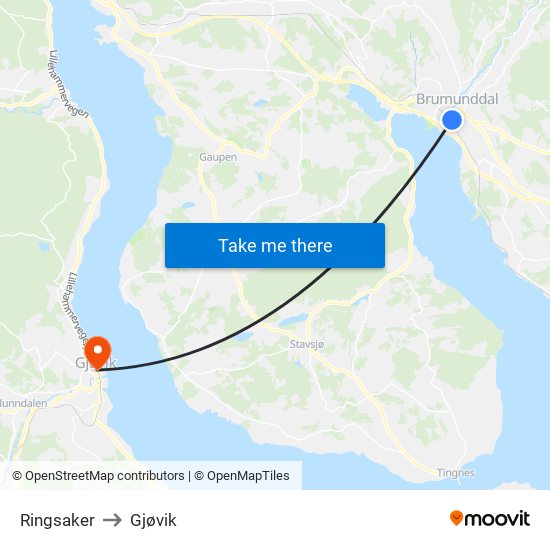 Ringsaker to Gjøvik map