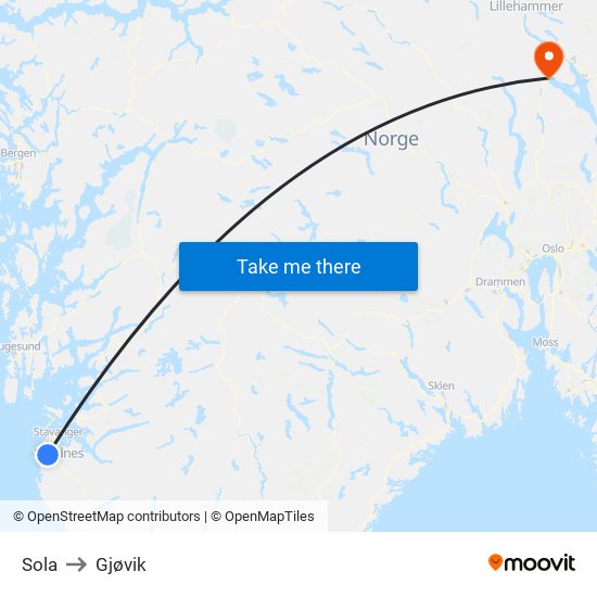 Sola to Gjøvik map