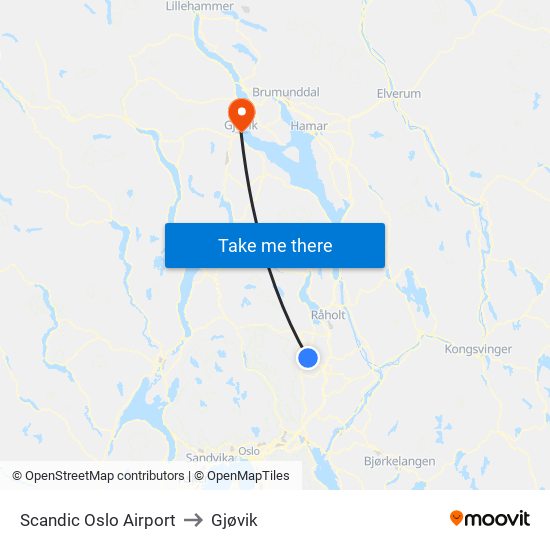 Scandic Oslo Airport to Gjøvik map
