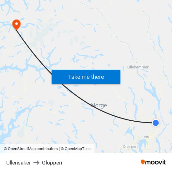 Ullensaker to Gloppen map