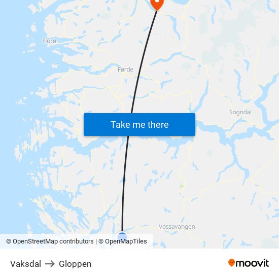 Vaksdal to Gloppen map