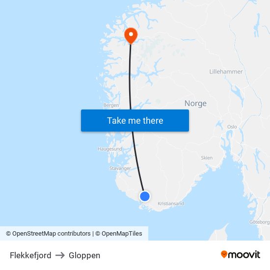 Flekkefjord to Gloppen map