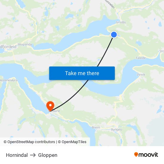 Hornindal to Gloppen map