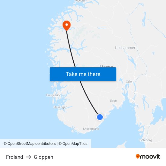 Froland to Gloppen map