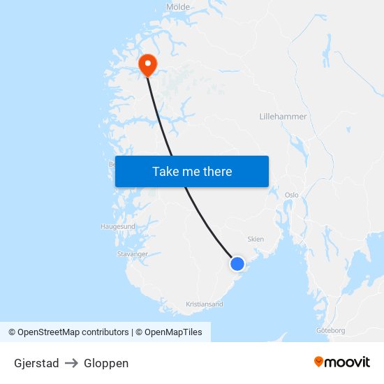 Gjerstad to Gloppen map