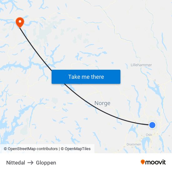 Nittedal to Gloppen map