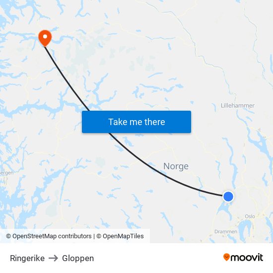 Ringerike to Gloppen map