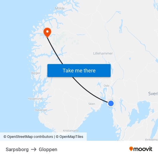 Sarpsborg to Gloppen map