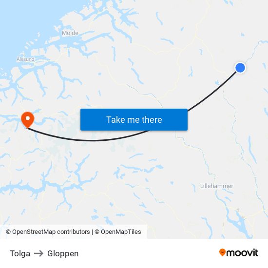 Tolga to Gloppen map