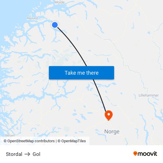 Stordal to Gol map