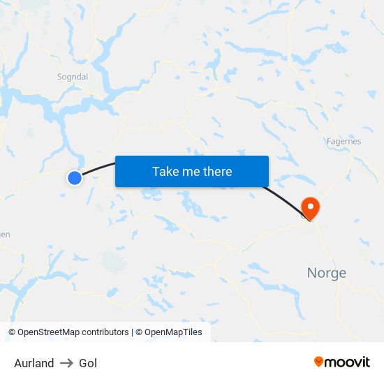 Aurland to Gol map