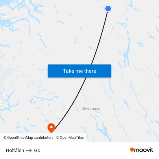Holtålen to Gol map
