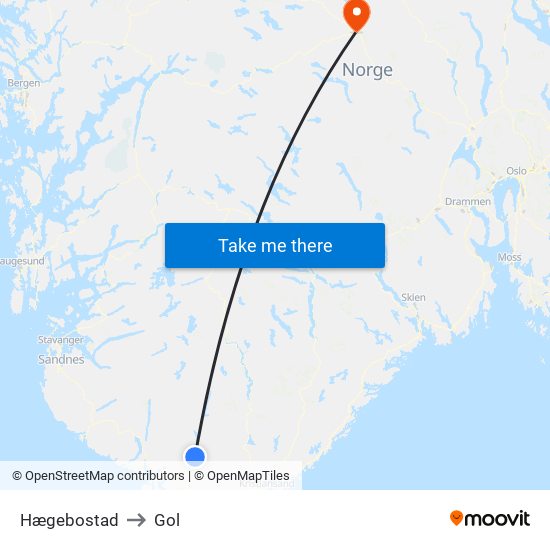 Hægebostad to Gol map