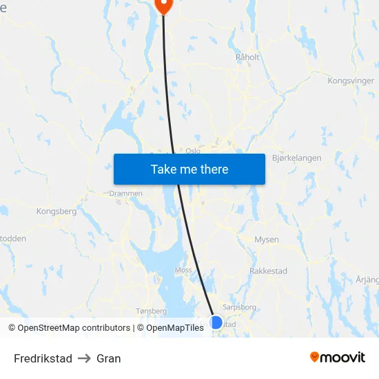 Fredrikstad to Gran map