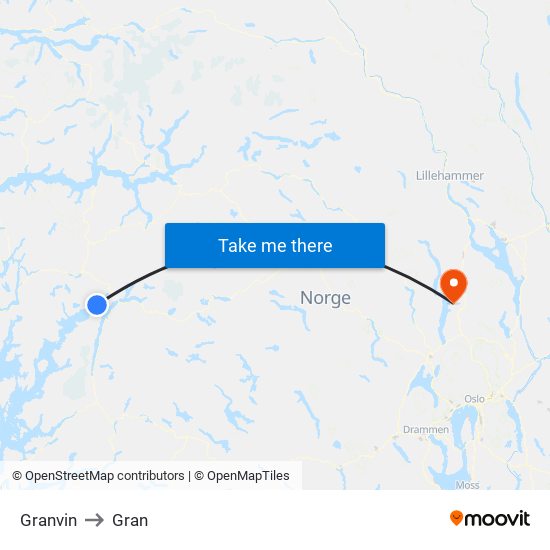 Granvin to Gran map