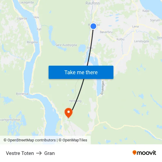 Vestre Toten to Gran map