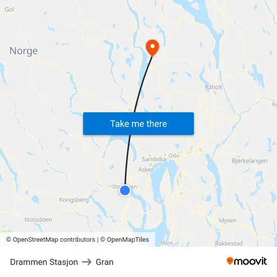 Drammen Stasjon to Gran map