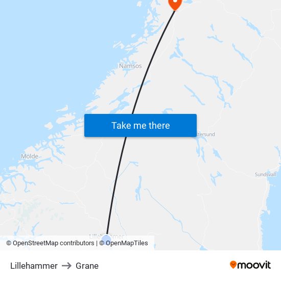 Lillehammer to Grane map