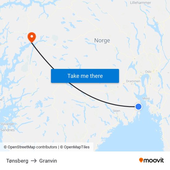 Tønsberg to Granvin map