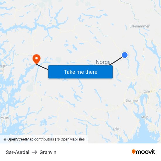 Sør-Aurdal to Granvin map