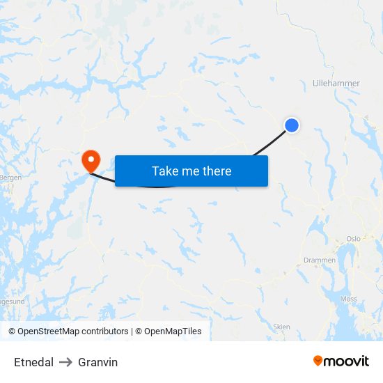 Etnedal to Granvin map