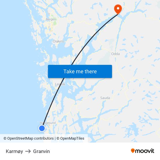 Karmøy to Granvin map