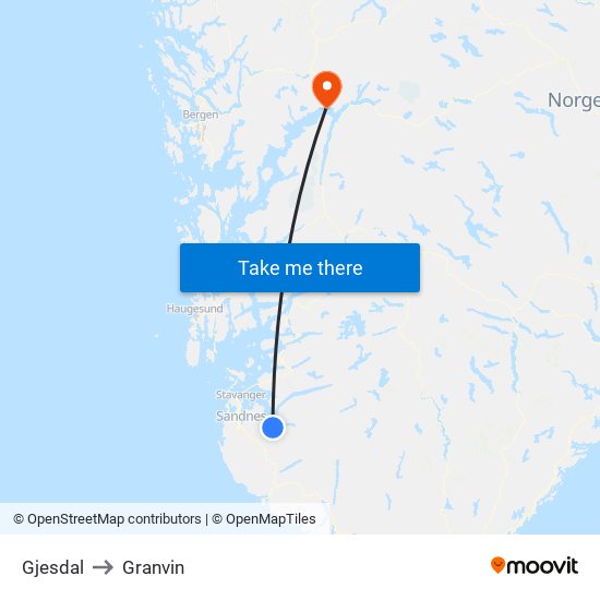 Gjesdal to Granvin map