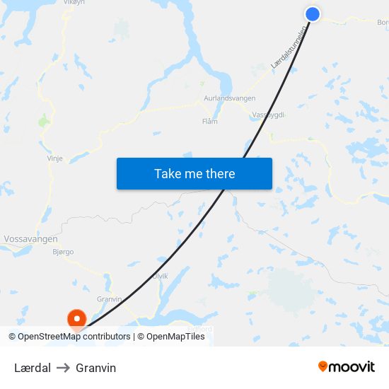 Lærdal to Granvin map