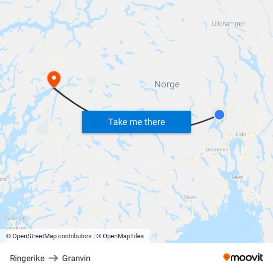 Ringerike to Granvin map