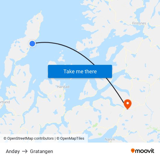 Andøy to Gratangen map