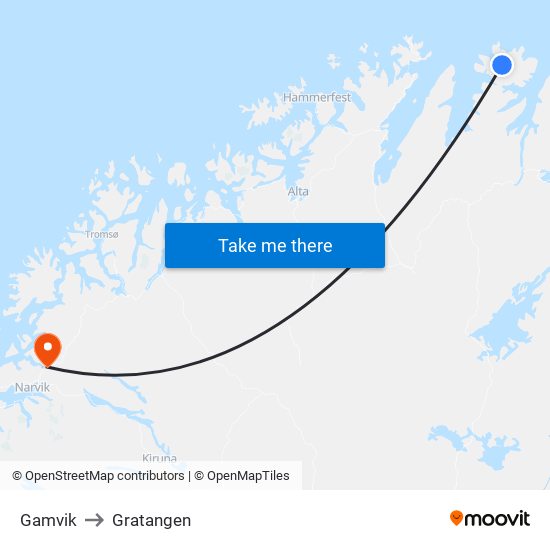 Gamvik to Gratangen map