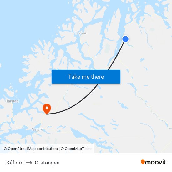 Kåfjord to Gratangen map