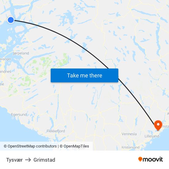 Tysvær to Grimstad map