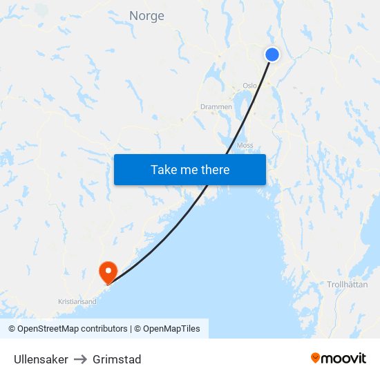 Ullensaker to Grimstad map