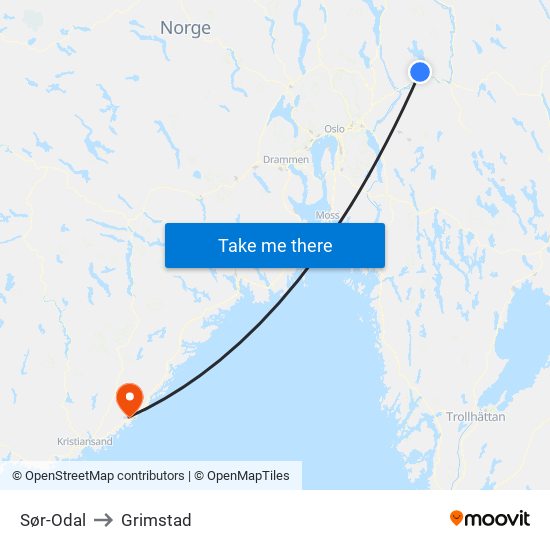 Sør-Odal to Grimstad map