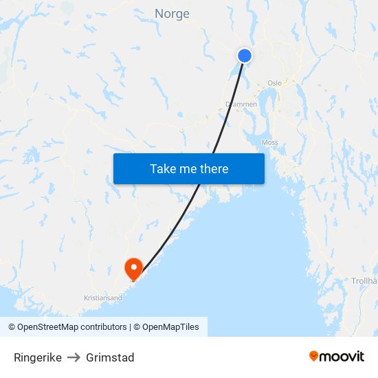 Ringerike to Grimstad map