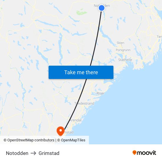 Notodden to Grimstad map