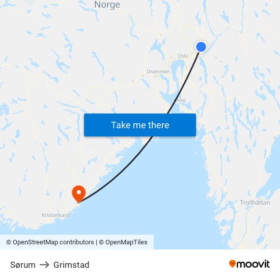 Sørum to Grimstad map