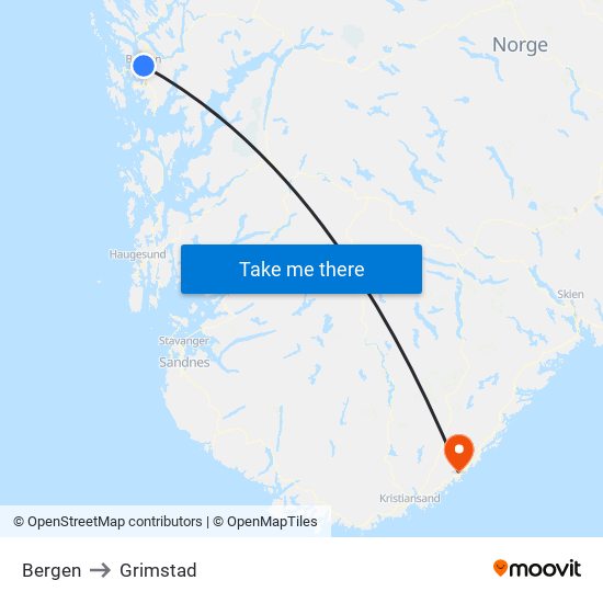 Bergen to Grimstad map