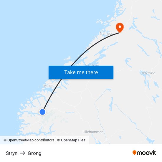 Stryn to Grong map