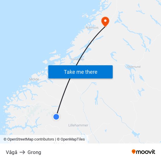 Vågå to Grong map