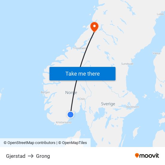 Gjerstad to Grong map