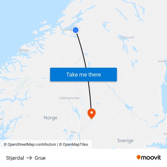 Stjørdal to Grue map