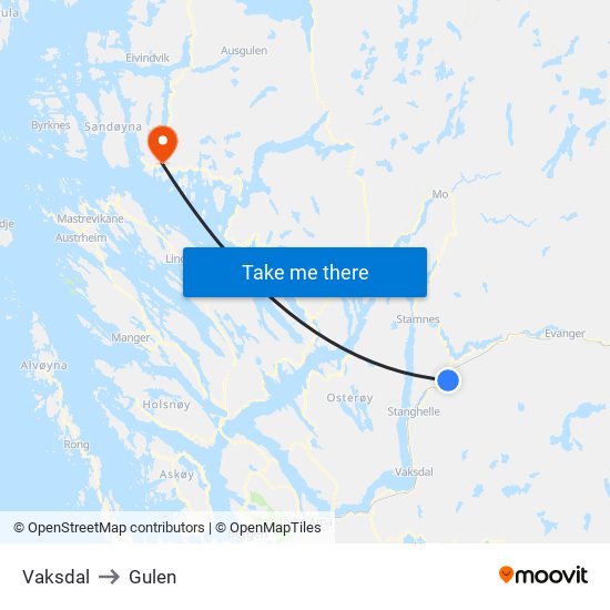 Vaksdal to Gulen map