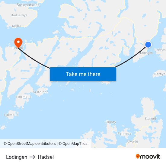 Lødingen to Hadsel map