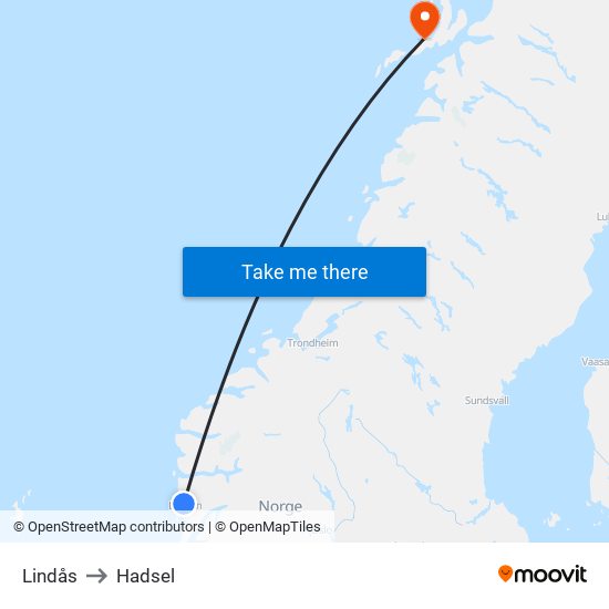 Lindås to Hadsel map