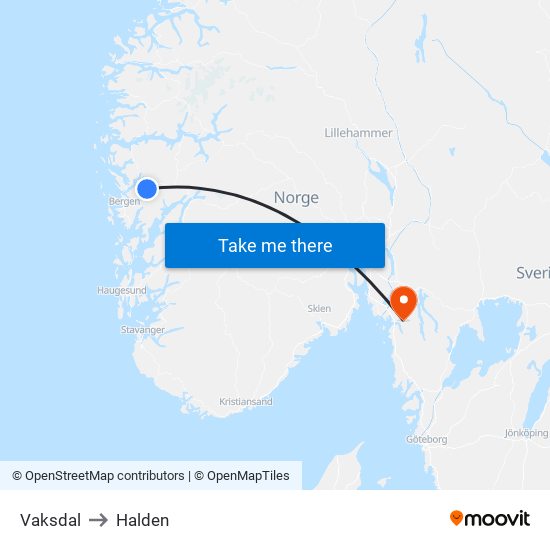 Vaksdal to Halden map